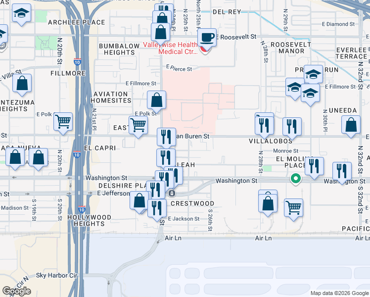 map of restaurants, bars, coffee shops, grocery stores, and more near 2440 East Monroe Street in Phoenix