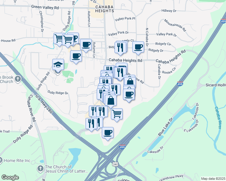 map of restaurants, bars, coffee shops, grocery stores, and more near 3679 Summit Boulevard in Birmingham