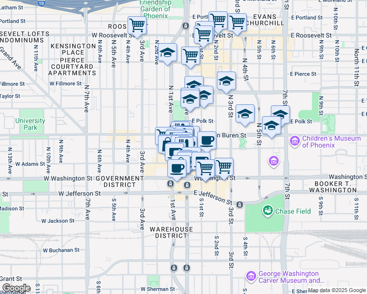 map of restaurants, bars, coffee shops, grocery stores, and more near 202 North Central Avenue in Phoenix