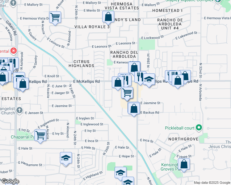 map of restaurants, bars, coffee shops, grocery stores, and more near 2641 East McKellips Road in Mesa