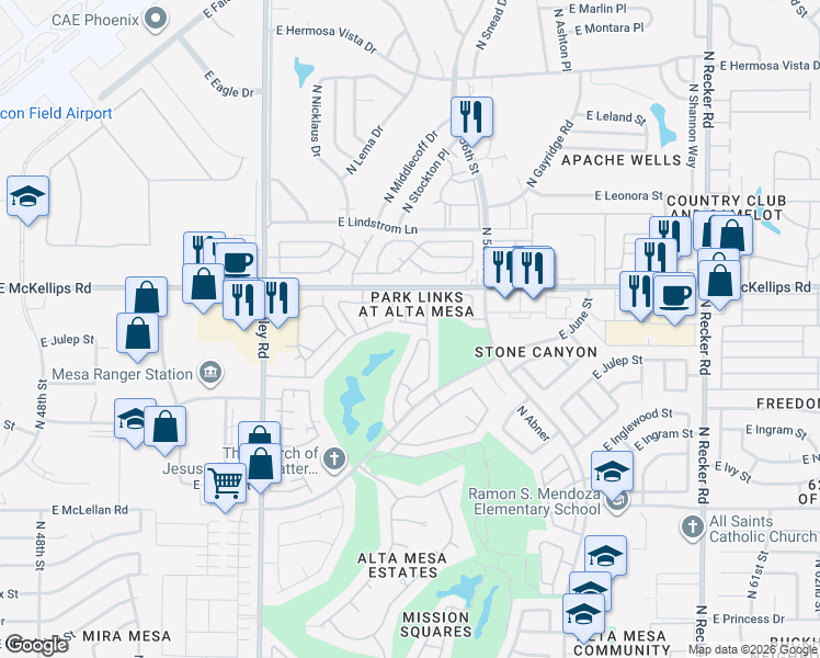 map of restaurants, bars, coffee shops, grocery stores, and more near 5450 East McLellan Road in Mesa