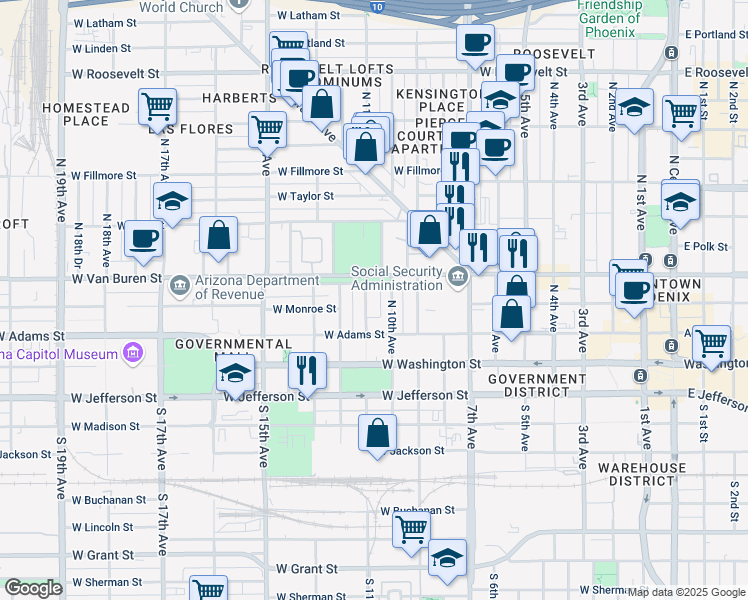 map of restaurants, bars, coffee shops, grocery stores, and more near 126 North 10th Avenue in Phoenix