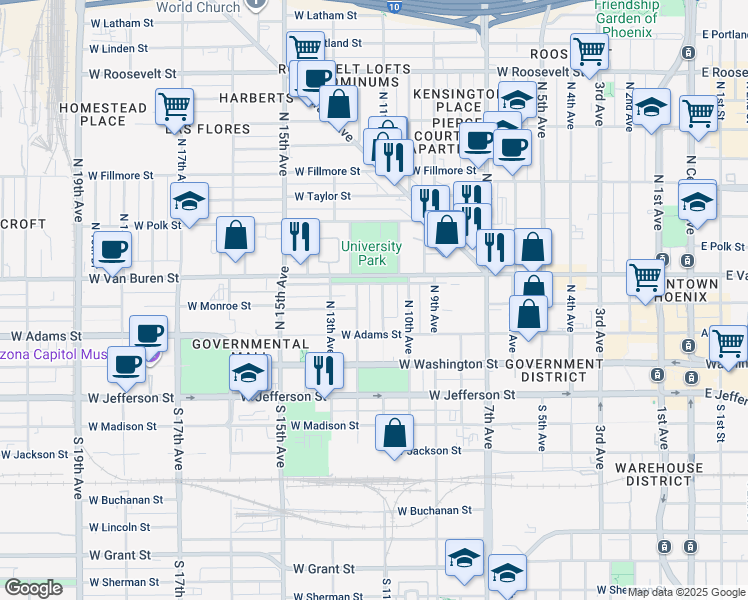 map of restaurants, bars, coffee shops, grocery stores, and more near 120 North 11th Avenue in Phoenix