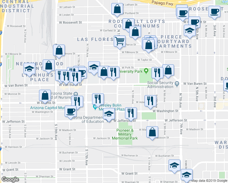 map of restaurants, bars, coffee shops, grocery stores, and more near 1500 West Monroe Street in Phoenix