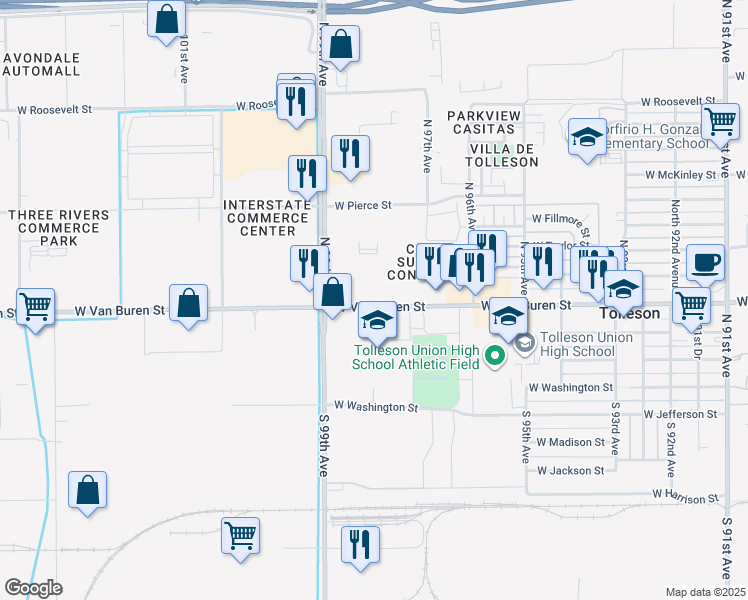 map of restaurants, bars, coffee shops, grocery stores, and more near 9701 West Van Buren Street in Tolleson