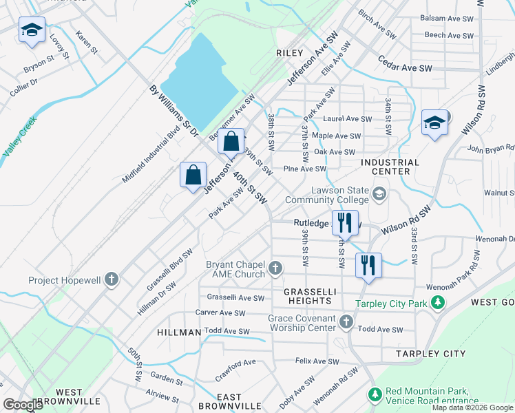 map of restaurants, bars, coffee shops, grocery stores, and more near 4122 40th Street Southwest in Birmingham
