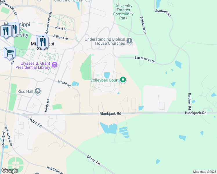 map of restaurants, bars, coffee shops, grocery stores, and more near 177 Mary Lee Lane in Starkville