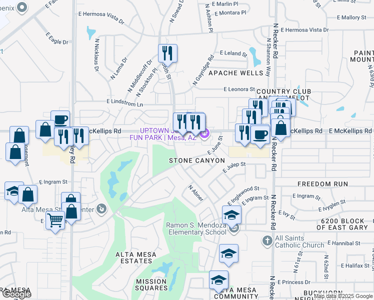 map of restaurants, bars, coffee shops, grocery stores, and more near 5625 East McKellips Road in Mesa