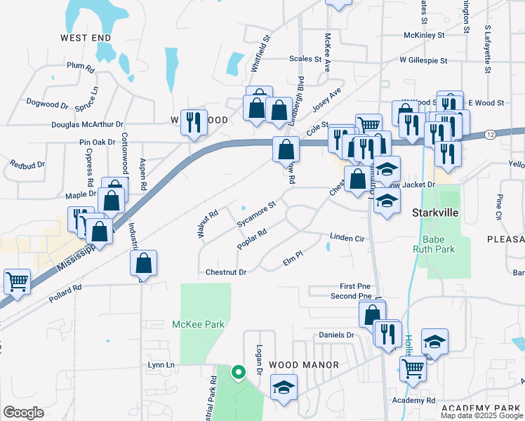 map of restaurants, bars, coffee shops, grocery stores, and more near 514 Sycamore Street in Starkville