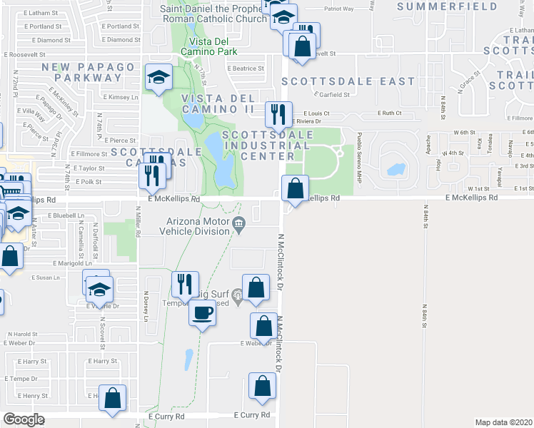 map of restaurants, bars, coffee shops, grocery stores, and more near 1701-1799 East Larkspur Lane in Tempe