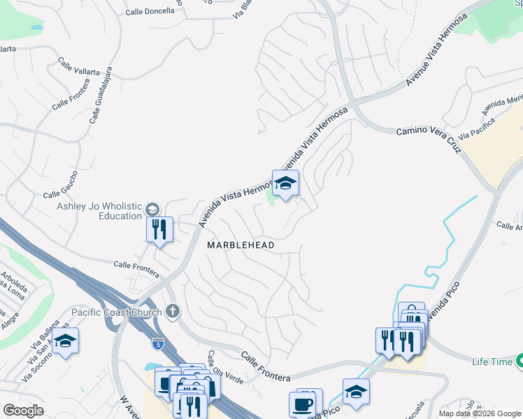 map of restaurants, bars, coffee shops, grocery stores, and more near 2421 Via Mero in San Clemente