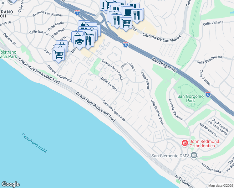 map of restaurants, bars, coffee shops, grocery stores, and more near 3307 Calle La Veta in San Clemente