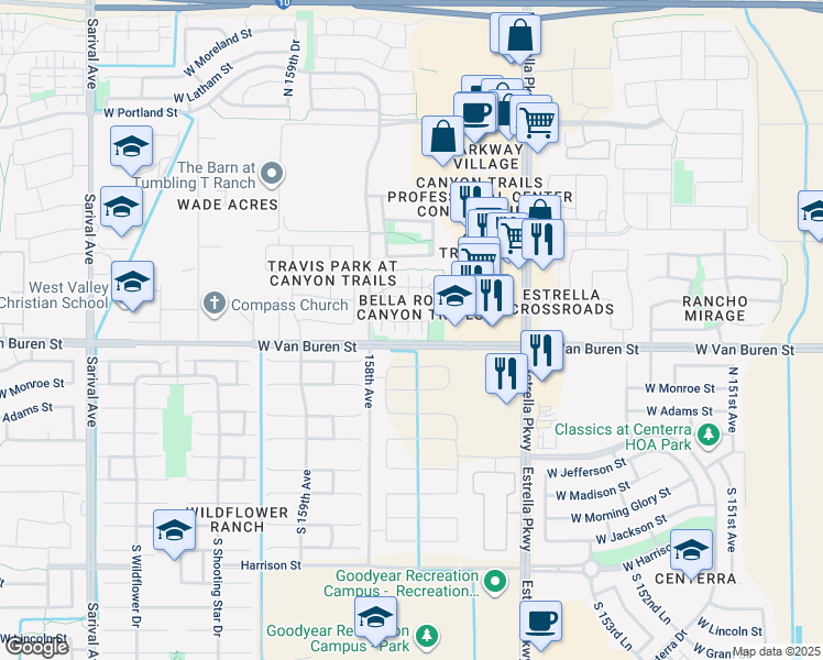 map of restaurants, bars, coffee shops, grocery stores, and more near 15689 West Melvin Street in Goodyear