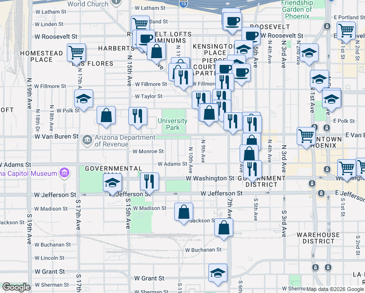 map of restaurants, bars, coffee shops, grocery stores, and more near 126 North 10th Avenue in Phoenix