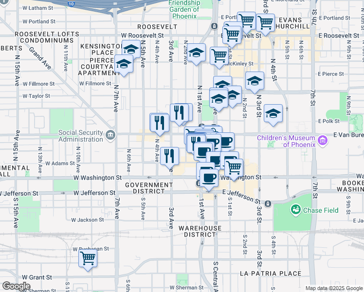 map of restaurants, bars, coffee shops, grocery stores, and more near in Phoenix