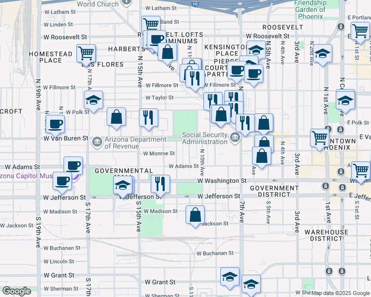 map of restaurants, bars, coffee shops, grocery stores, and more near 120 North 11th Avenue in Phoenix