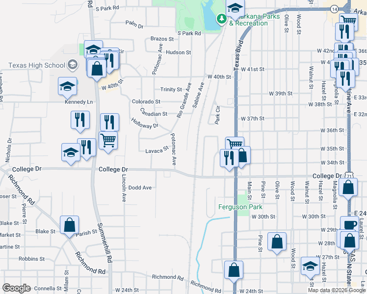 map of restaurants, bars, coffee shops, grocery stores, and more near 3500 Sabine Ave in Texarkana
