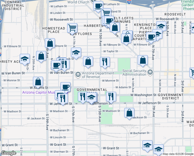 map of restaurants, bars, coffee shops, grocery stores, and more near 1500 West Monroe Street in Phoenix