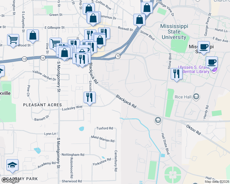 map of restaurants, bars, coffee shops, grocery stores, and more near 973-975 Blackjack Rd in Starkville