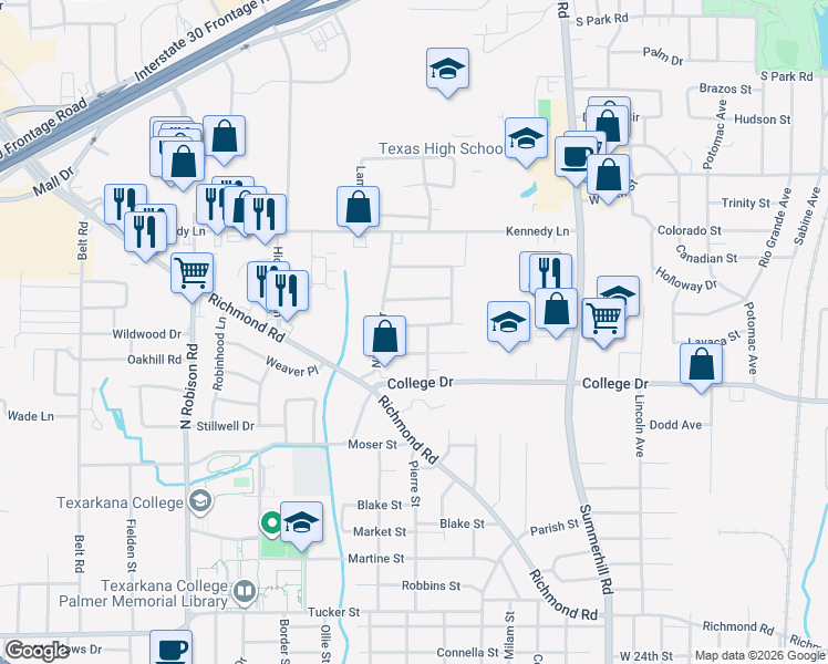 map of restaurants, bars, coffee shops, grocery stores, and more near 3400-3404 Pineknoll Street in Texarkana