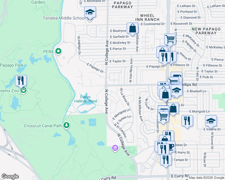 map of restaurants, bars, coffee shops, grocery stores, and more near 323 East Bluebell Lane in Tempe