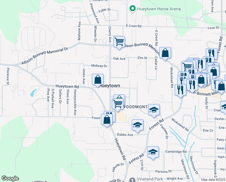 map of restaurants, bars, coffee shops, grocery stores, and more near 110 Edgewood Drive in Hueytown
