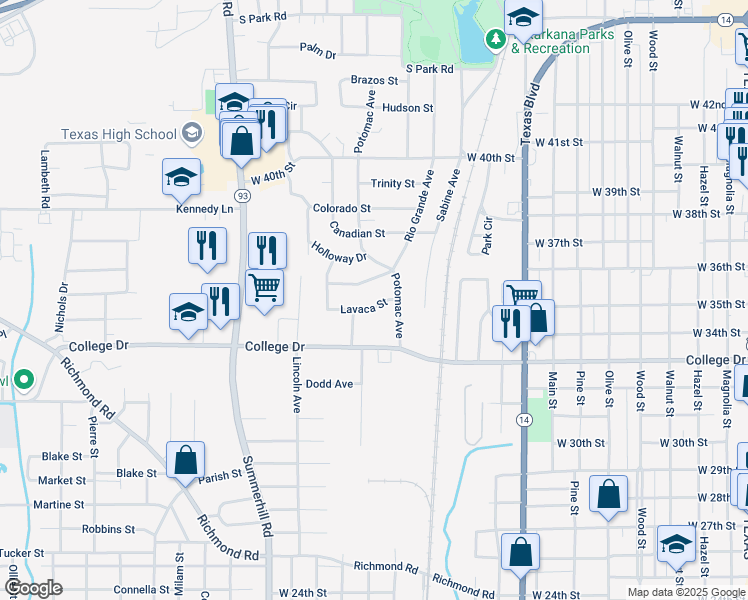 map of restaurants, bars, coffee shops, grocery stores, and more near 1201-1299 Lavaca St in Texarkana