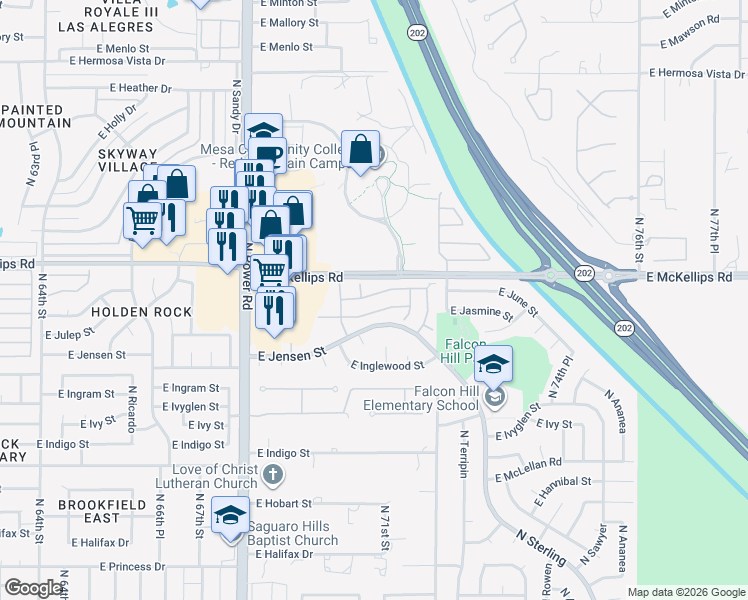 map of restaurants, bars, coffee shops, grocery stores, and more near 7006 East Jensen Street in Mesa