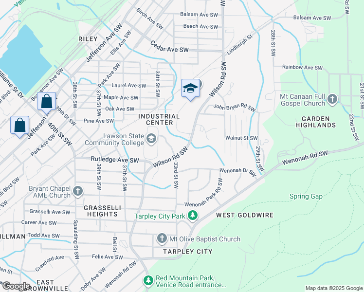 map of restaurants, bars, coffee shops, grocery stores, and more near 3008 Wilson Road Southwest in Birmingham