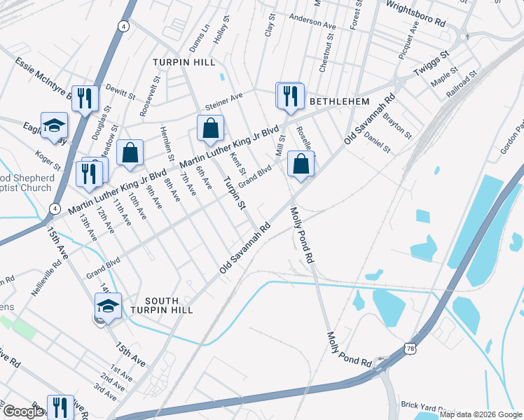 map of restaurants, bars, coffee shops, grocery stores, and more near 1007 Turpin Street in Augusta