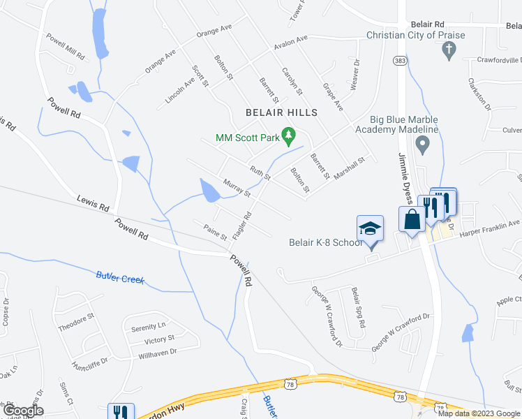 map of restaurants, bars, coffee shops, grocery stores, and more near 1708 Flagler Road in Augusta