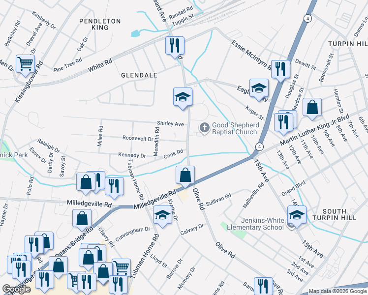 map of restaurants, bars, coffee shops, grocery stores, and more near 2002 Cook Road in Augusta