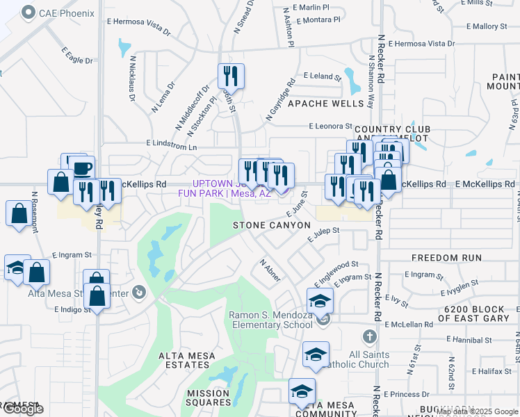 map of restaurants, bars, coffee shops, grocery stores, and more near 10 East June Street in Mesa