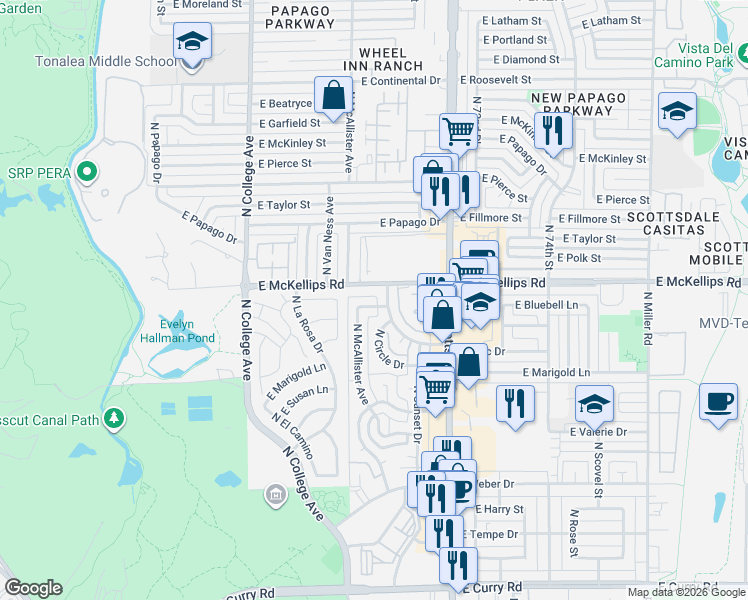 map of restaurants, bars, coffee shops, grocery stores, and more near 615 East Grace Drive in Tempe