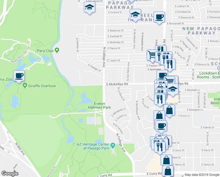 map of restaurants, bars, coffee shops, grocery stores, and more near 323 East Bluebell Lane in Tempe