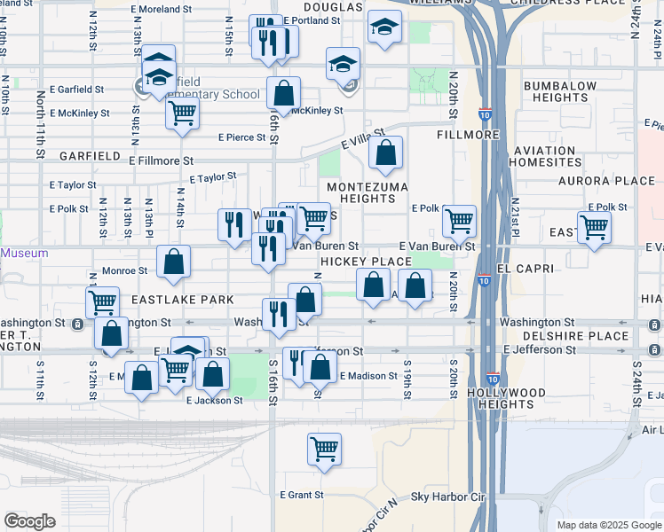 map of restaurants, bars, coffee shops, grocery stores, and more near 414 East Adams Street in Phoenix