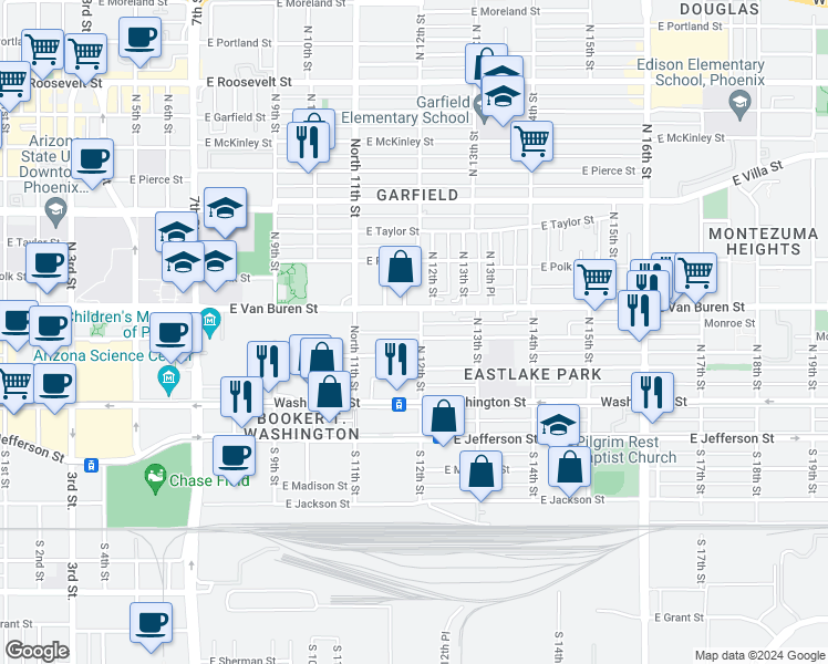 map of restaurants, bars, coffee shops, grocery stores, and more near 1205 East Monroe Street in Phoenix