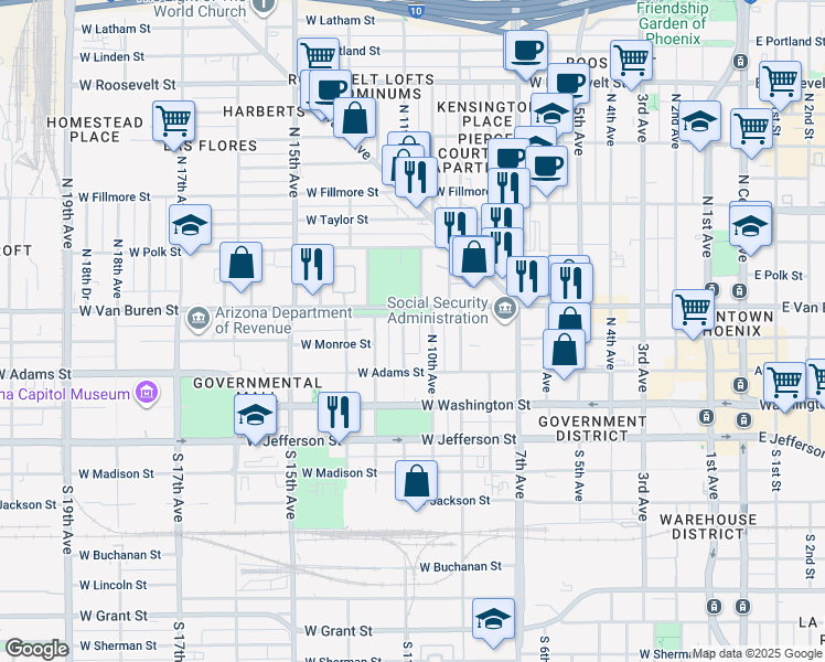 map of restaurants, bars, coffee shops, grocery stores, and more near 126 North 10th Avenue in Phoenix