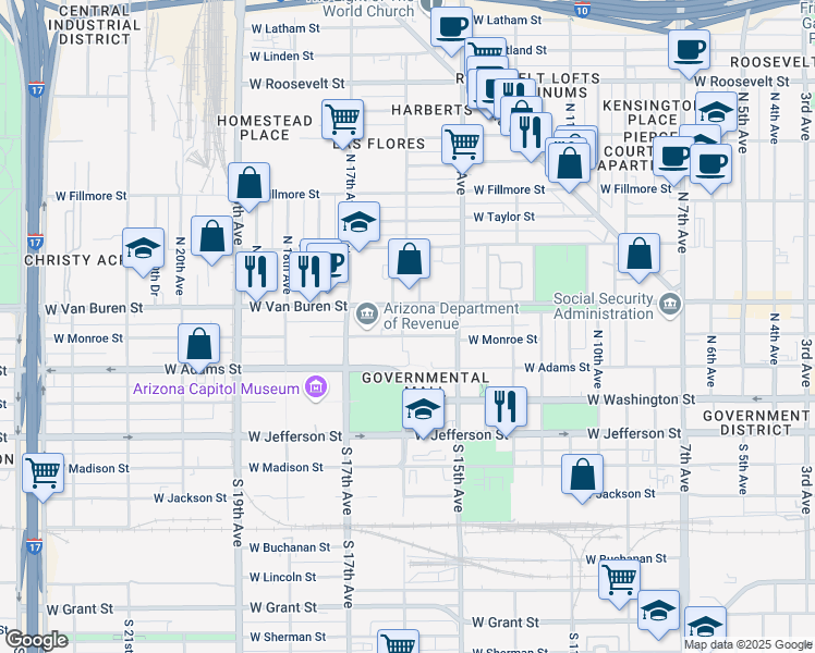 map of restaurants, bars, coffee shops, grocery stores, and more near 1537 West Monroe Street in Phoenix