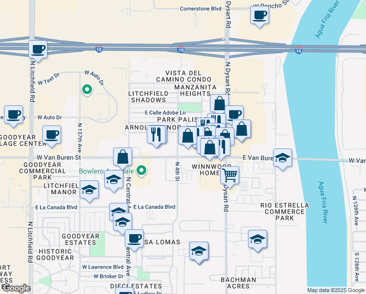 map of restaurants, bars, coffee shops, grocery stores, and more near 13310 West Van Buren Street in Goodyear
