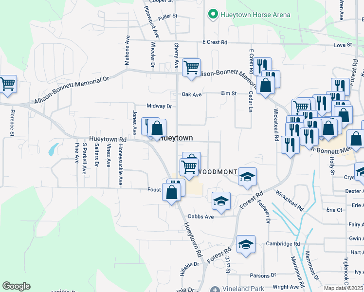 map of restaurants, bars, coffee shops, grocery stores, and more near 110 Edgewood Drive in Hueytown