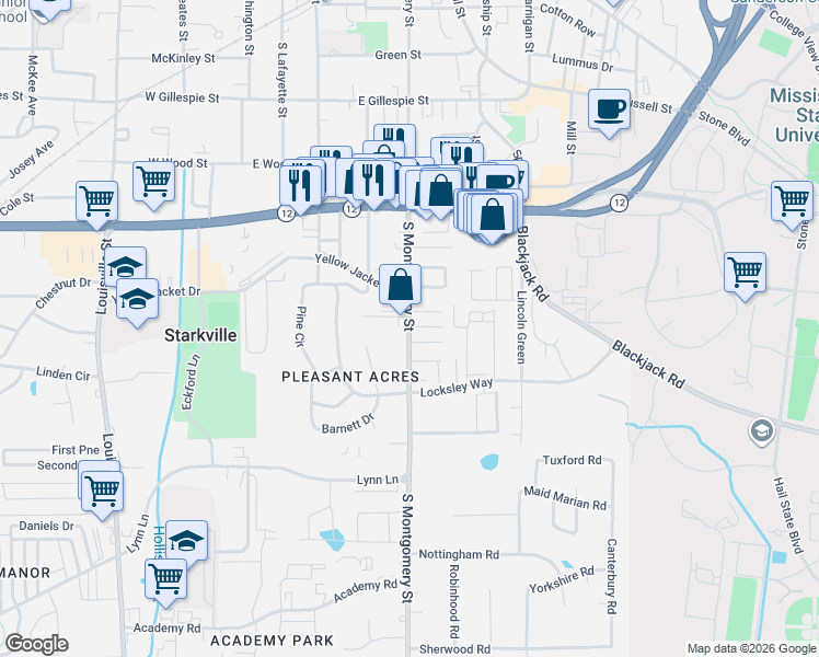 map of restaurants, bars, coffee shops, grocery stores, and more near 660-670 South Montgomery Street in Starkville