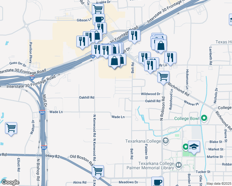 map of restaurants, bars, coffee shops, grocery stores, and more near 205-207 Cheyenne Place in Texarkana