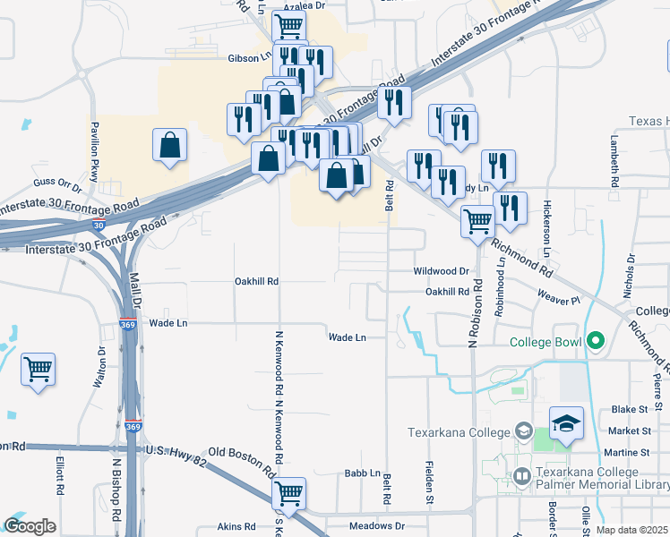 map of restaurants, bars, coffee shops, grocery stores, and more near 511 Champion Place in Texarkana