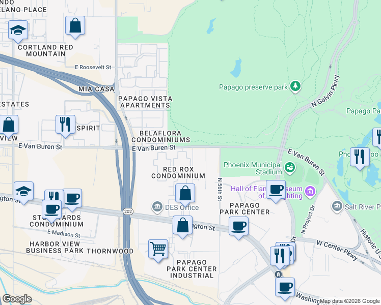 map of restaurants, bars, coffee shops, grocery stores, and more near 5501 East Van Buren Street in Phoenix