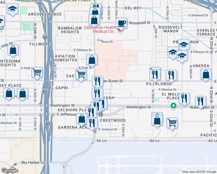 map of restaurants, bars, coffee shops, grocery stores, and more near 2505 East Monroe Street in Phoenix