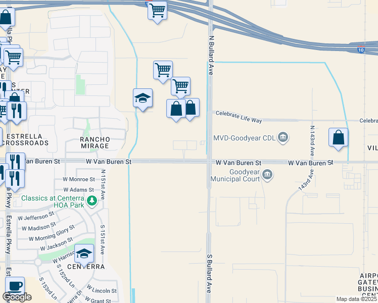 map of restaurants, bars, coffee shops, grocery stores, and more near 14780 West Van Buren Street in Goodyear