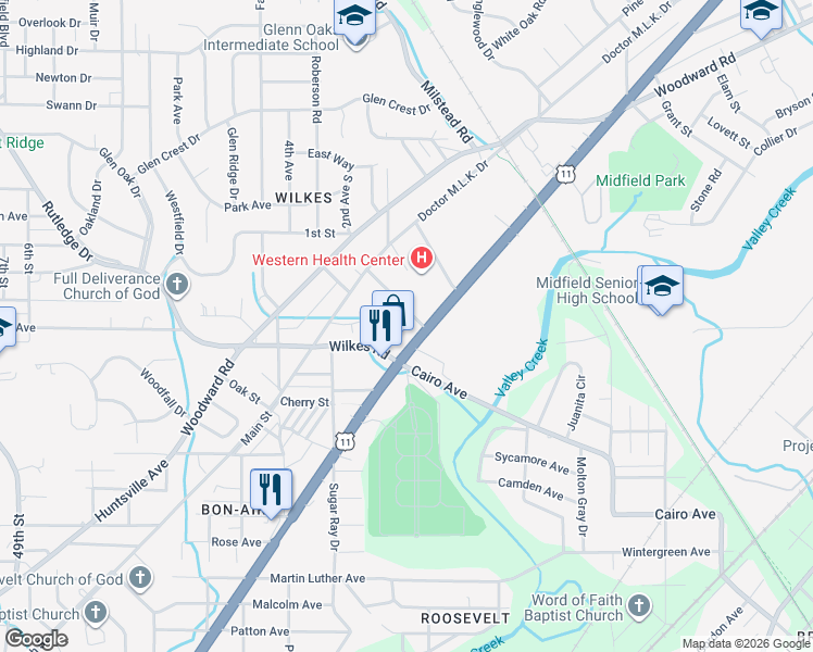 map of restaurants, bars, coffee shops, grocery stores, and more near 639 Bessemer Super Highway in Midfield