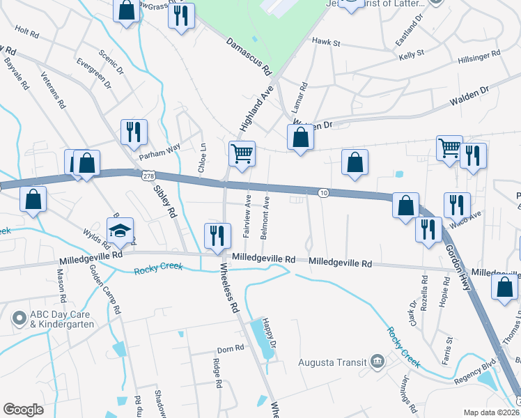 map of restaurants, bars, coffee shops, grocery stores, and more near 1810 Belmont Avenue in Augusta