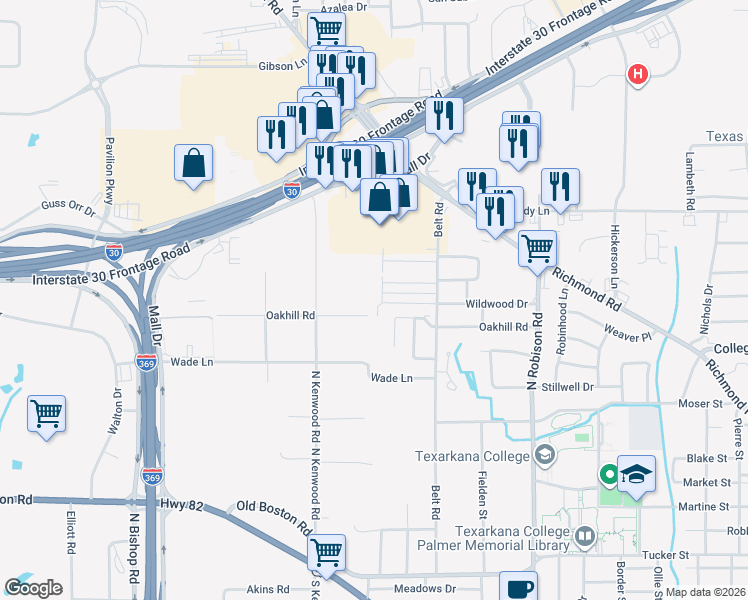 map of restaurants, bars, coffee shops, grocery stores, and more near 511 Champion Place in Texarkana